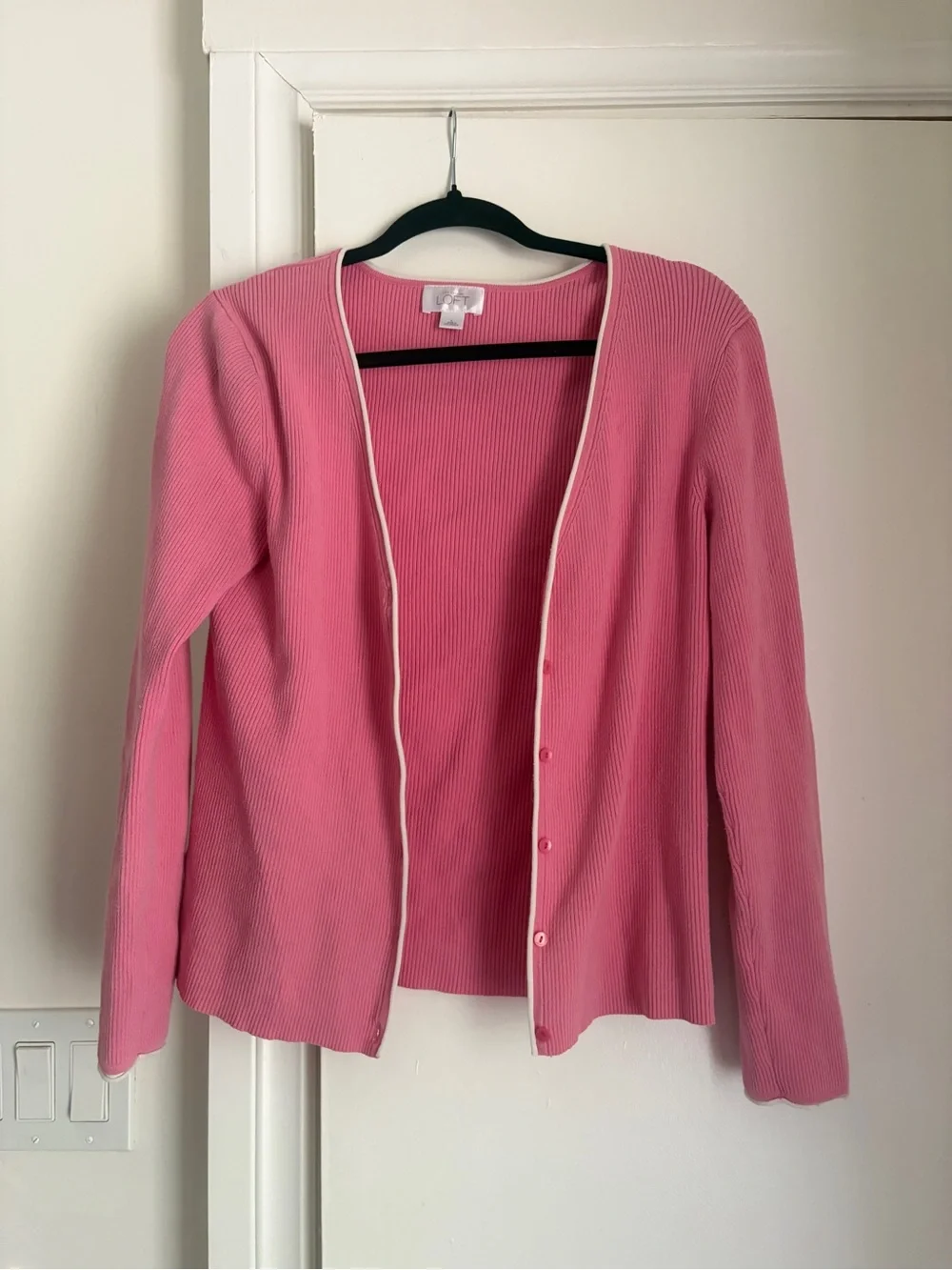 LOFT Pink Ribbed V-Neck Cardigan with white Trim - Picture 6 of 15